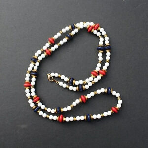 Vintage Beaded Red WHITE Blue & Gold Long Necklace Jewelry